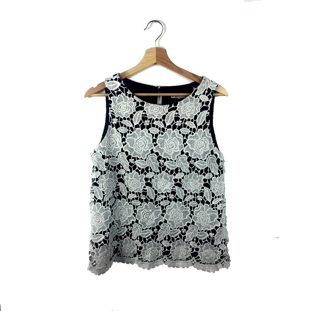 Karl Lagerfeld White and Navy Floral Blouse Size 8